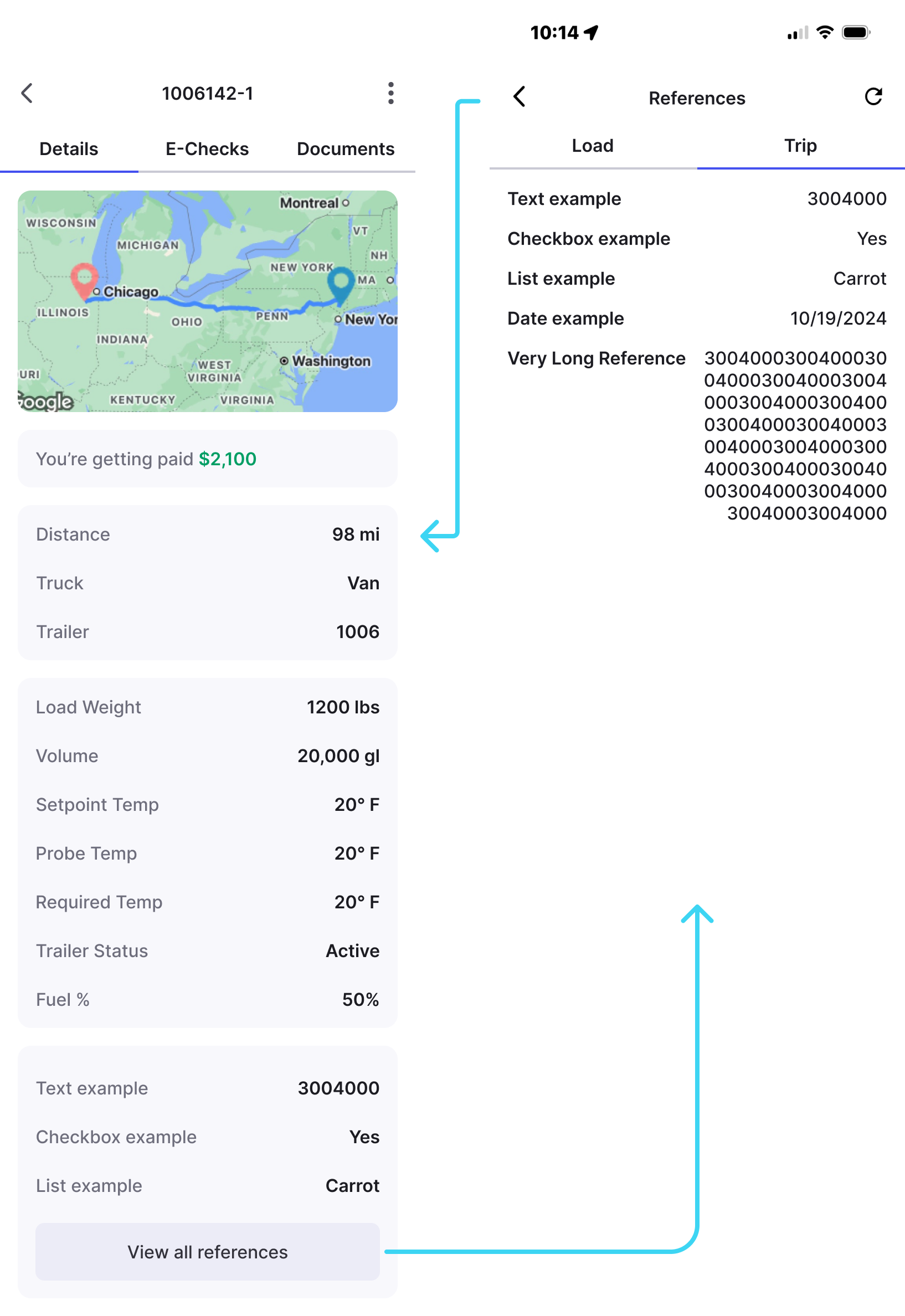 Screenshot showing the Driver Mobile App with Driver Custom References displayed within the Driver Profile.