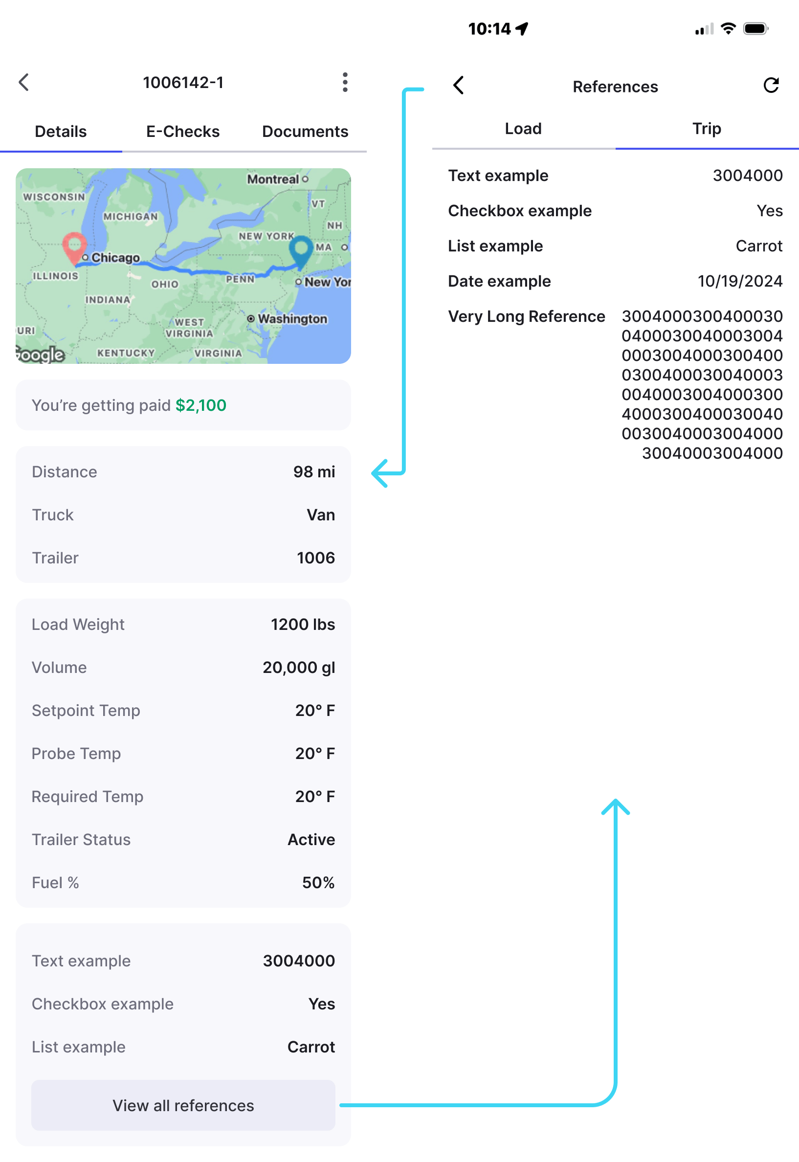 Screenshot showing the Driver Mobile App with Driver Custom References displayed within the Driver Profile.
