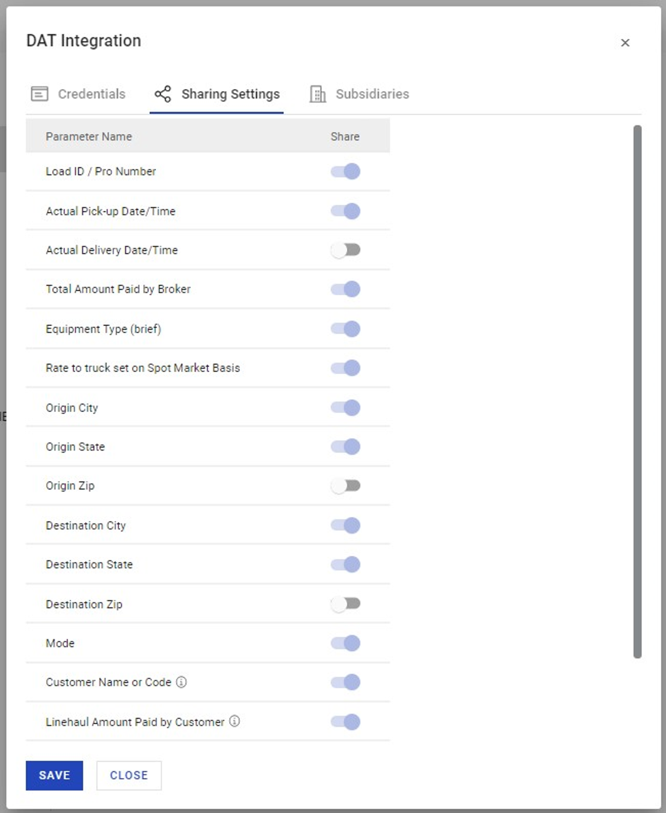 DAT Rate Sharing Integration Settings showing the Sharing Settings configuration options.