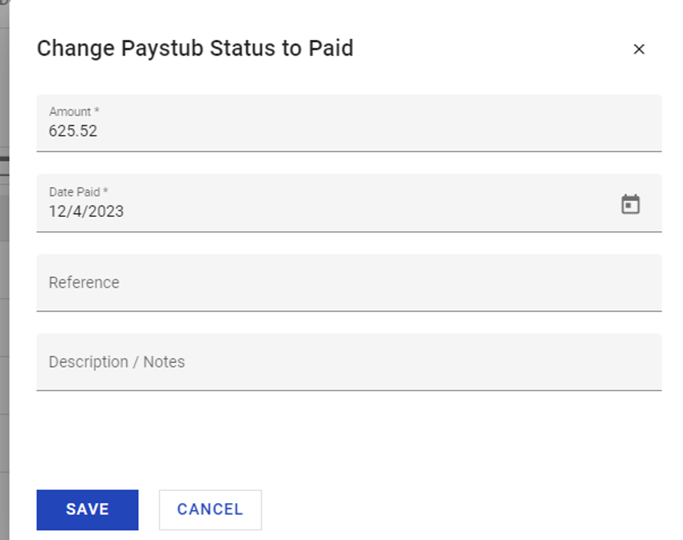 Change Paystub Status to Paid dialog