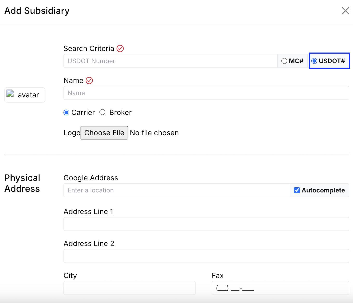 Create Subsidiary form with the USDOT# field highlighted and FMCSA pre-fill visible.