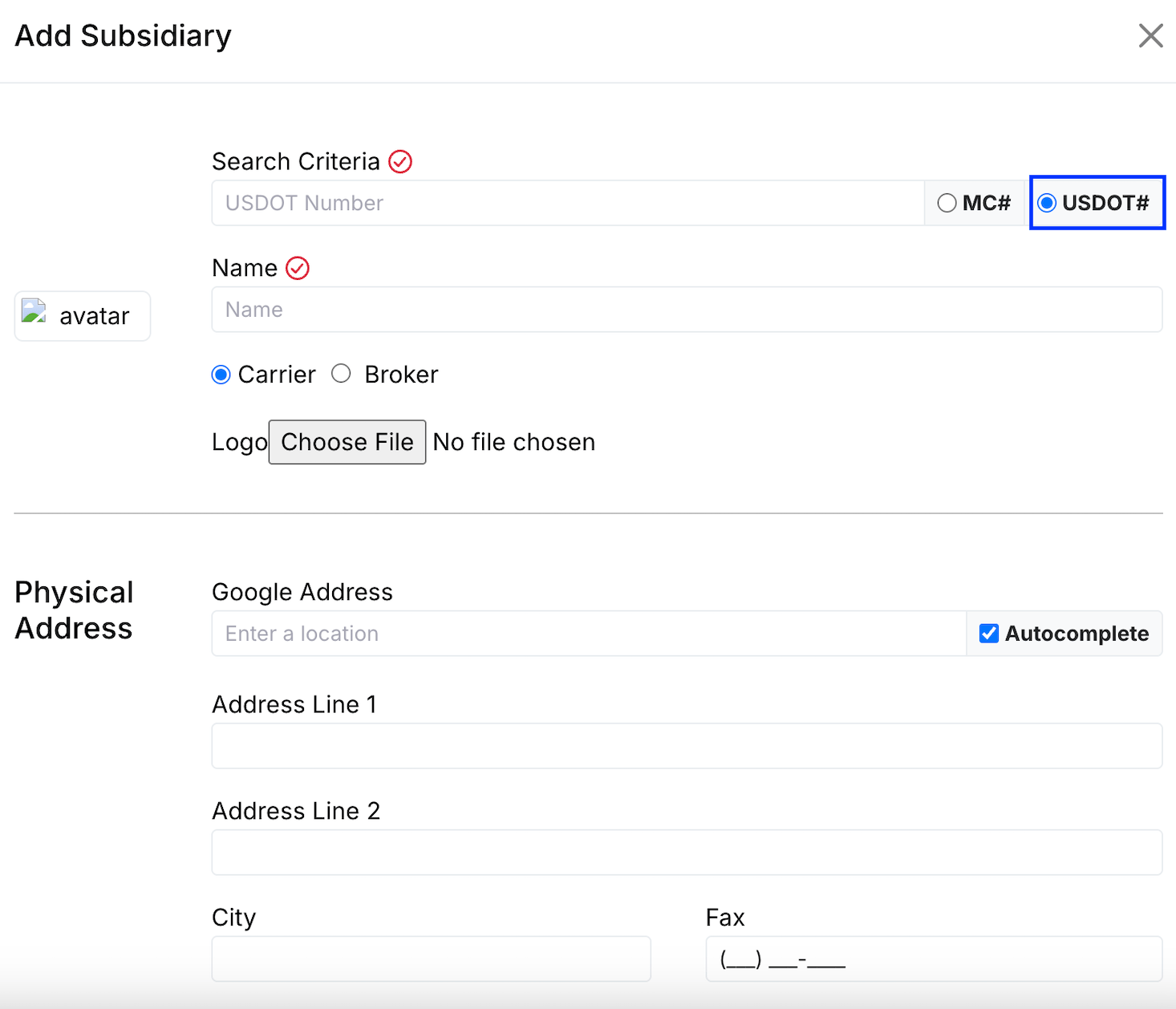 Create Subsidiary form with the USDOT# field highlighted and FMCSA pre-fill visible.
