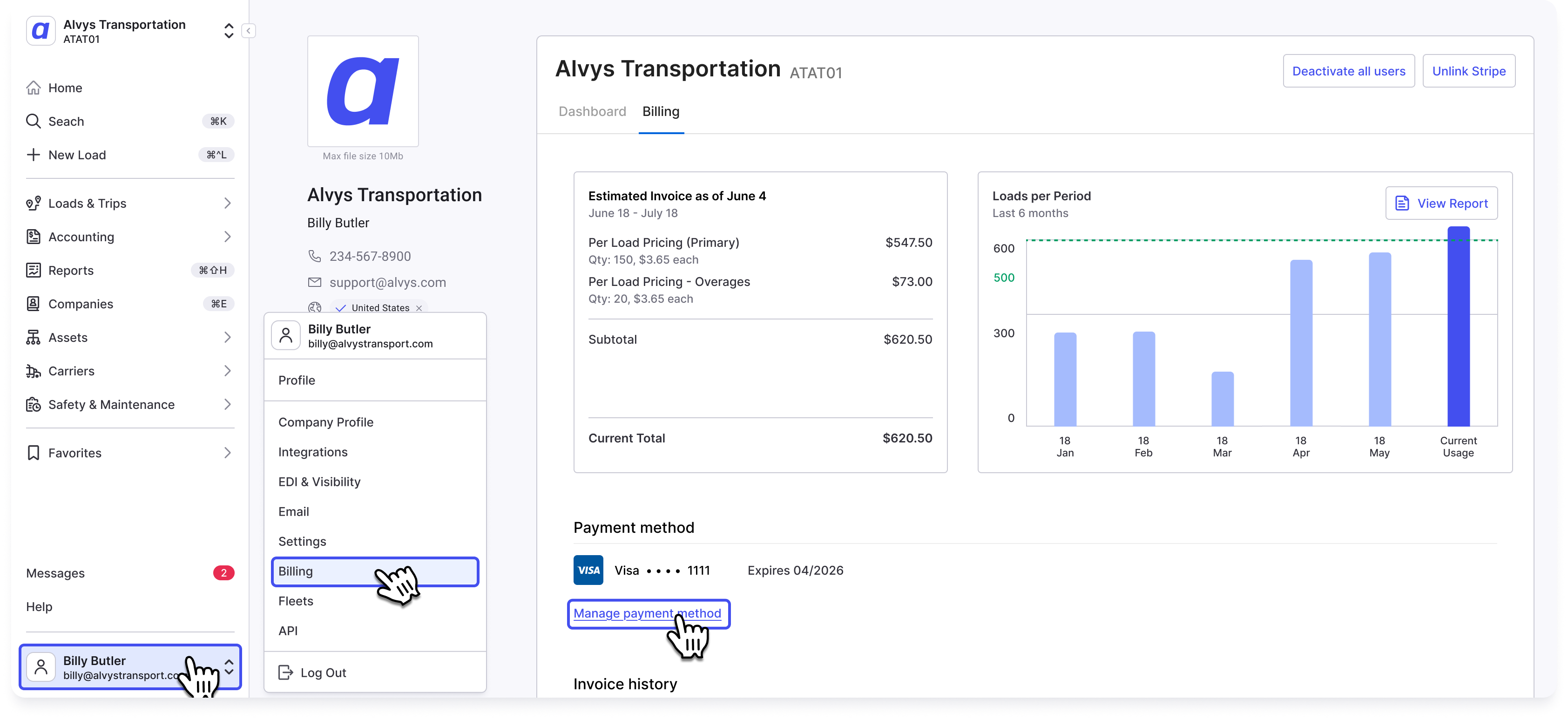 Opening the Billing page from the user menu