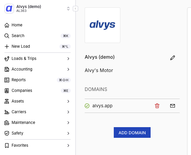 Screenshot showing the Domains Management screen with the ADD DOMAIN button visible.