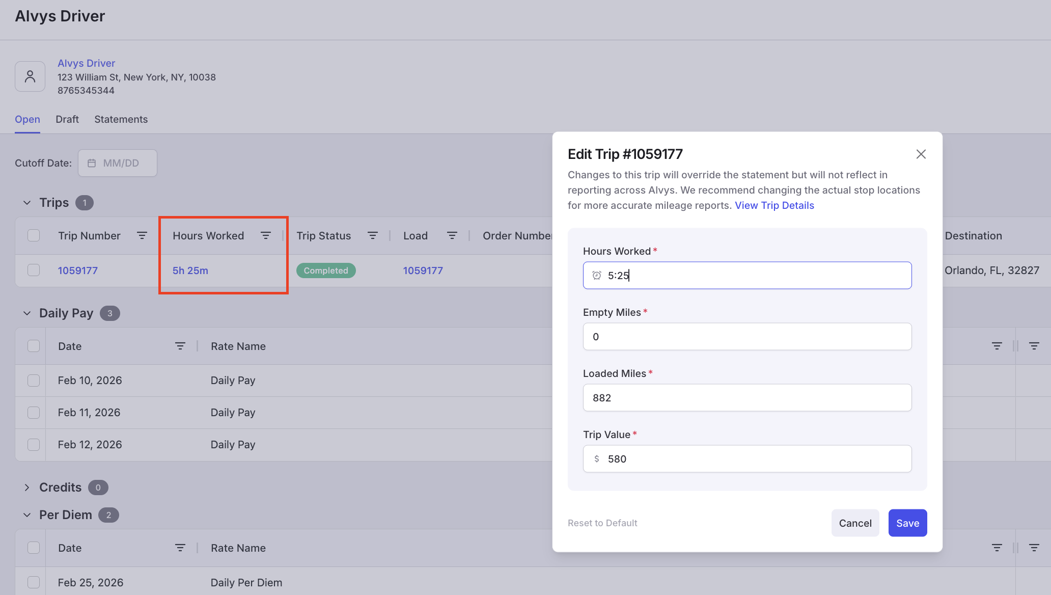 Image showing the Hours Worked column in the Trips table and the Edit Trip modal with hours and minutes fields.