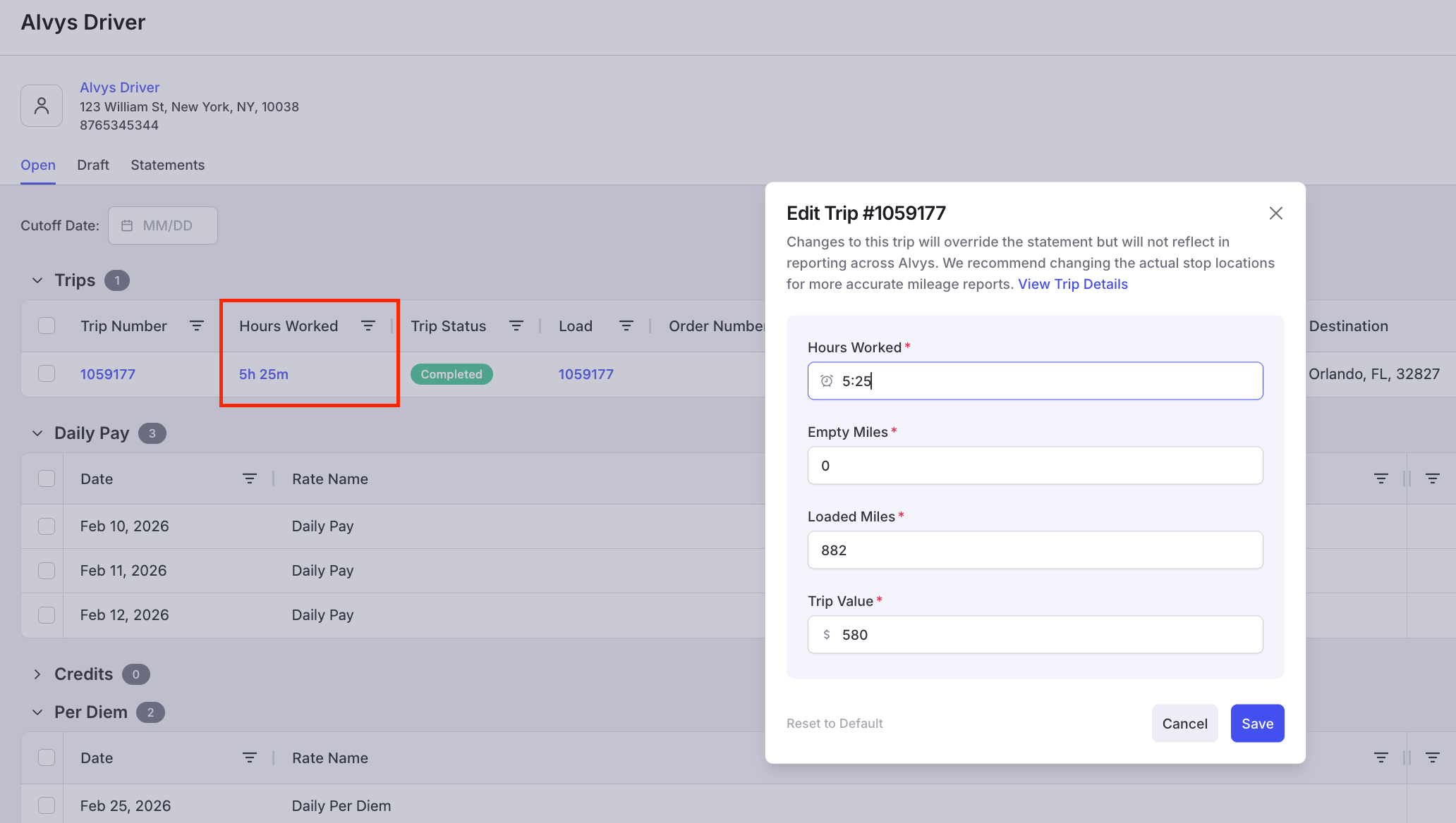 Image showing the Hours Worked column in the Trips table and the Edit Trip modal with hours and minutes fields.