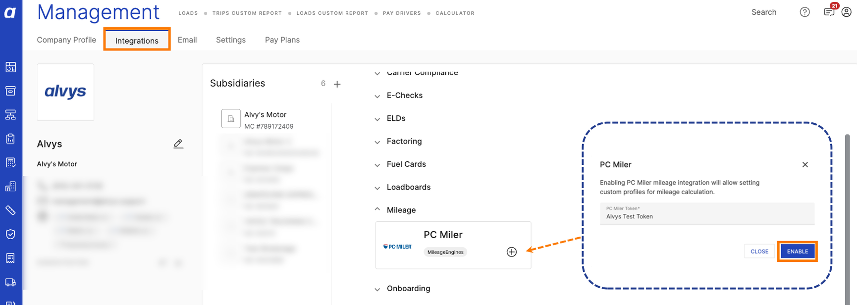 Screenshot of the PC Miler API credentials entry screen in Alvys integrations