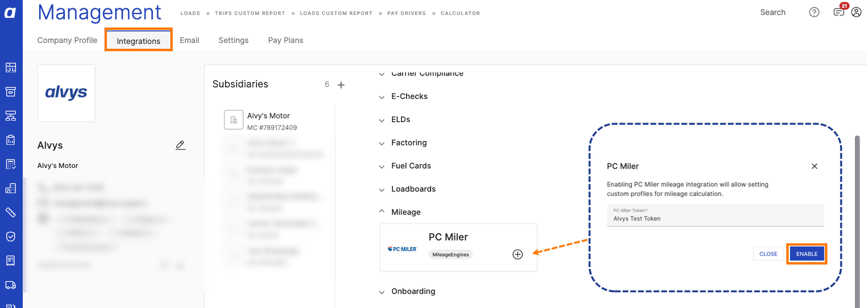 Screenshot of the PC Miler API credentials entry screen in Alvys integrations