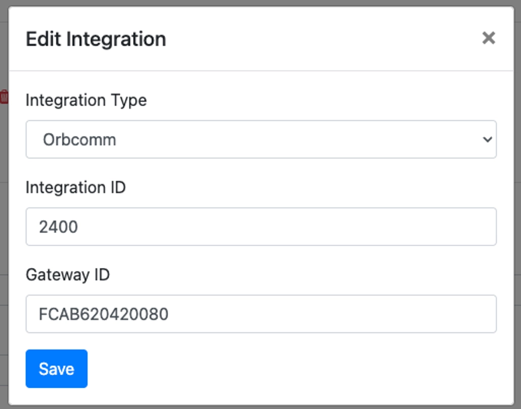 Image showing the ELD Integrations section with the Add Integration dialog, Orbcomm selected, and the Unit # and Gateway ID fields.