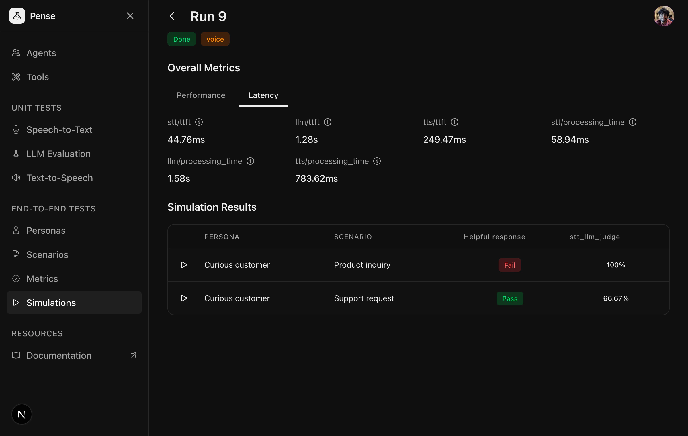 Voice Simulation Latency Metrics