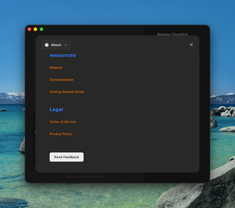 Amber Settings About tab showing resources, legal links, and feedback button