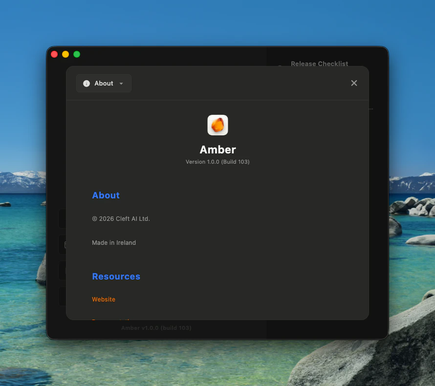 Amber Settings About tab showing version info and copyright