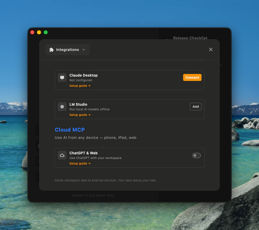 Amber Settings Integrations tab showing Claude Desktop, LM Studio, and Cloud MCP