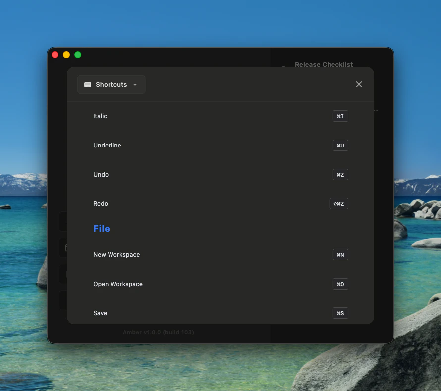 Amber Settings Shortcuts tab showing keyboard shortcuts grouped by category