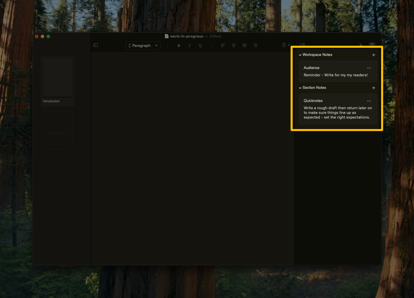 Reference notes panel showing section and workspace notes