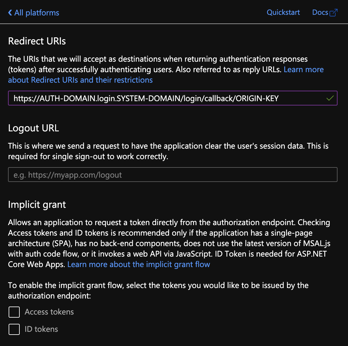 Redirect URIs page