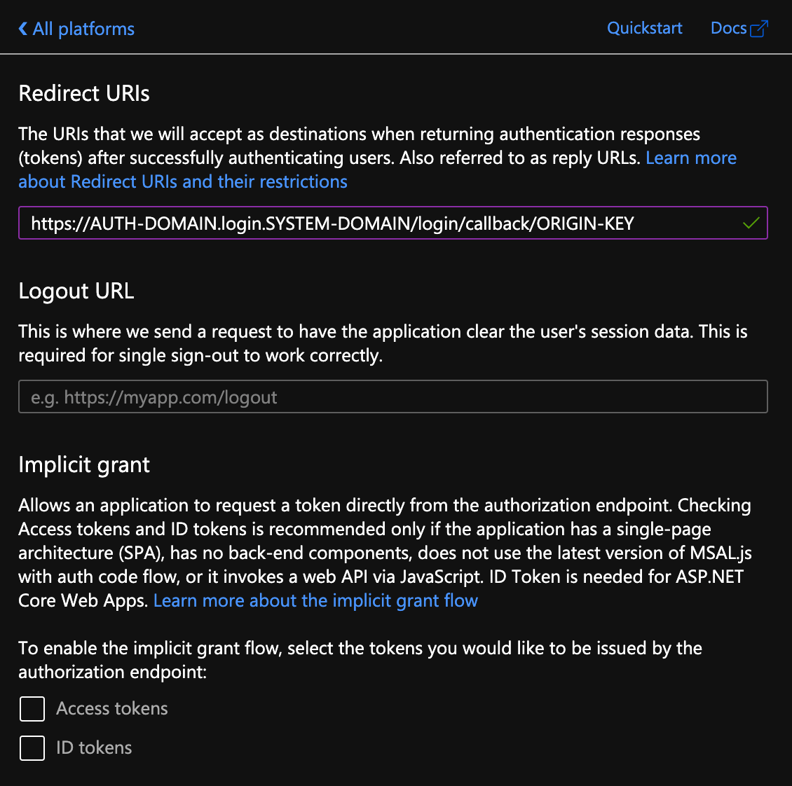 Redirect URIs page