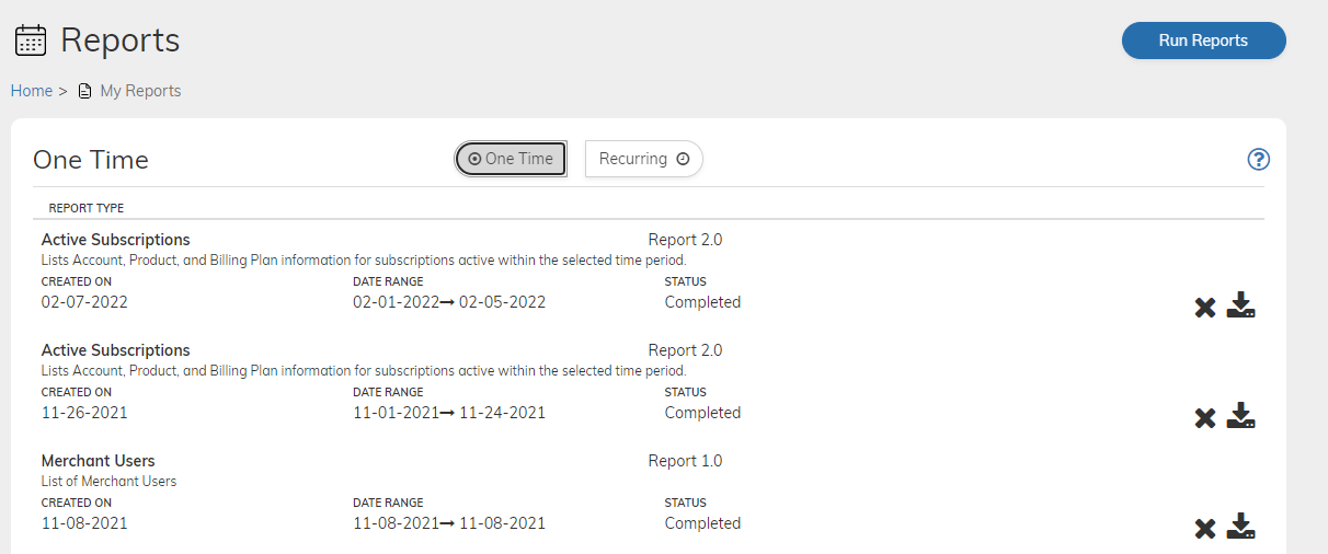 Subscribe My Reports Page - One Time reports display
