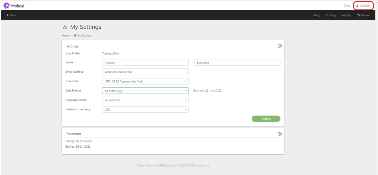 Vindicia Merchant Portal Settings