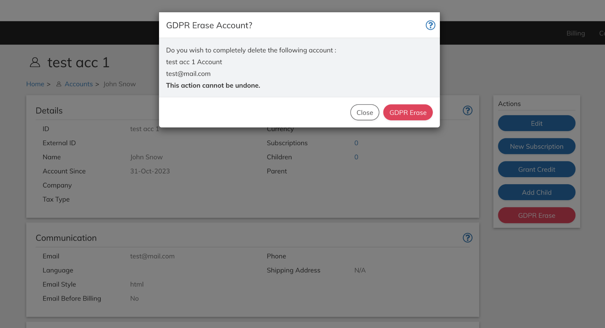 GDPR Erase Account? confirmation page