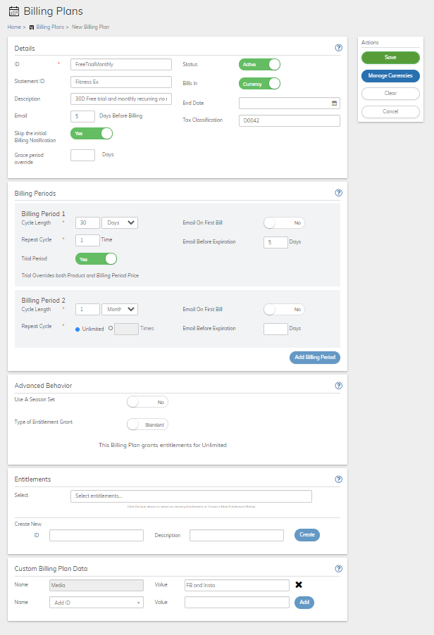 Free Trial Monthly Recurring Billing Plan Example