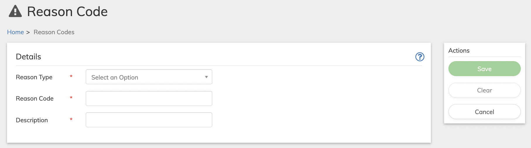 Create Reason Codes Screen