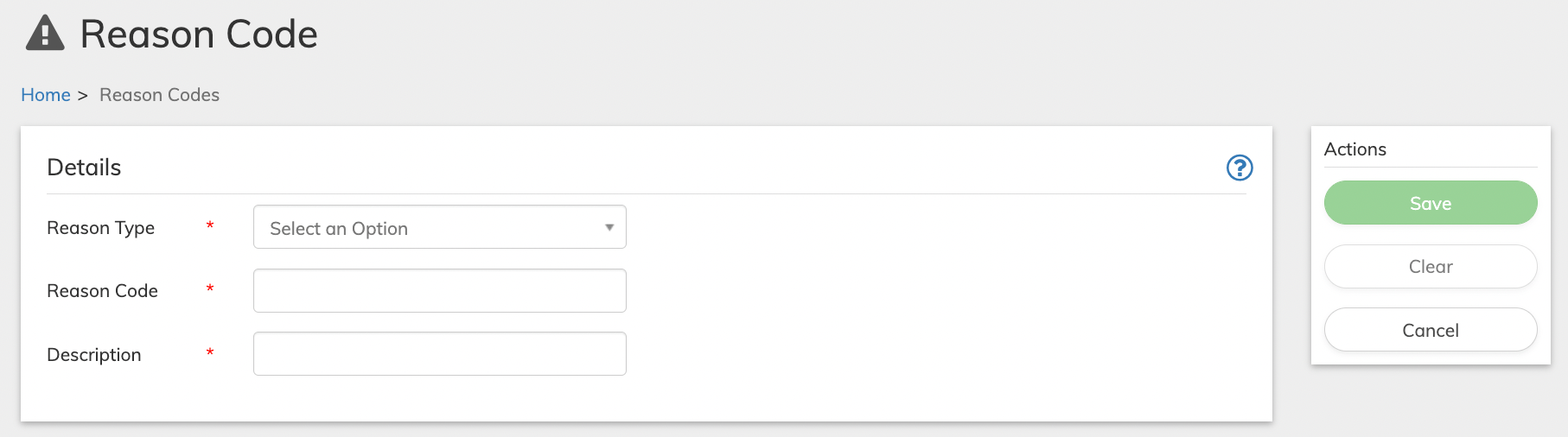 Create Reason Codes Screen