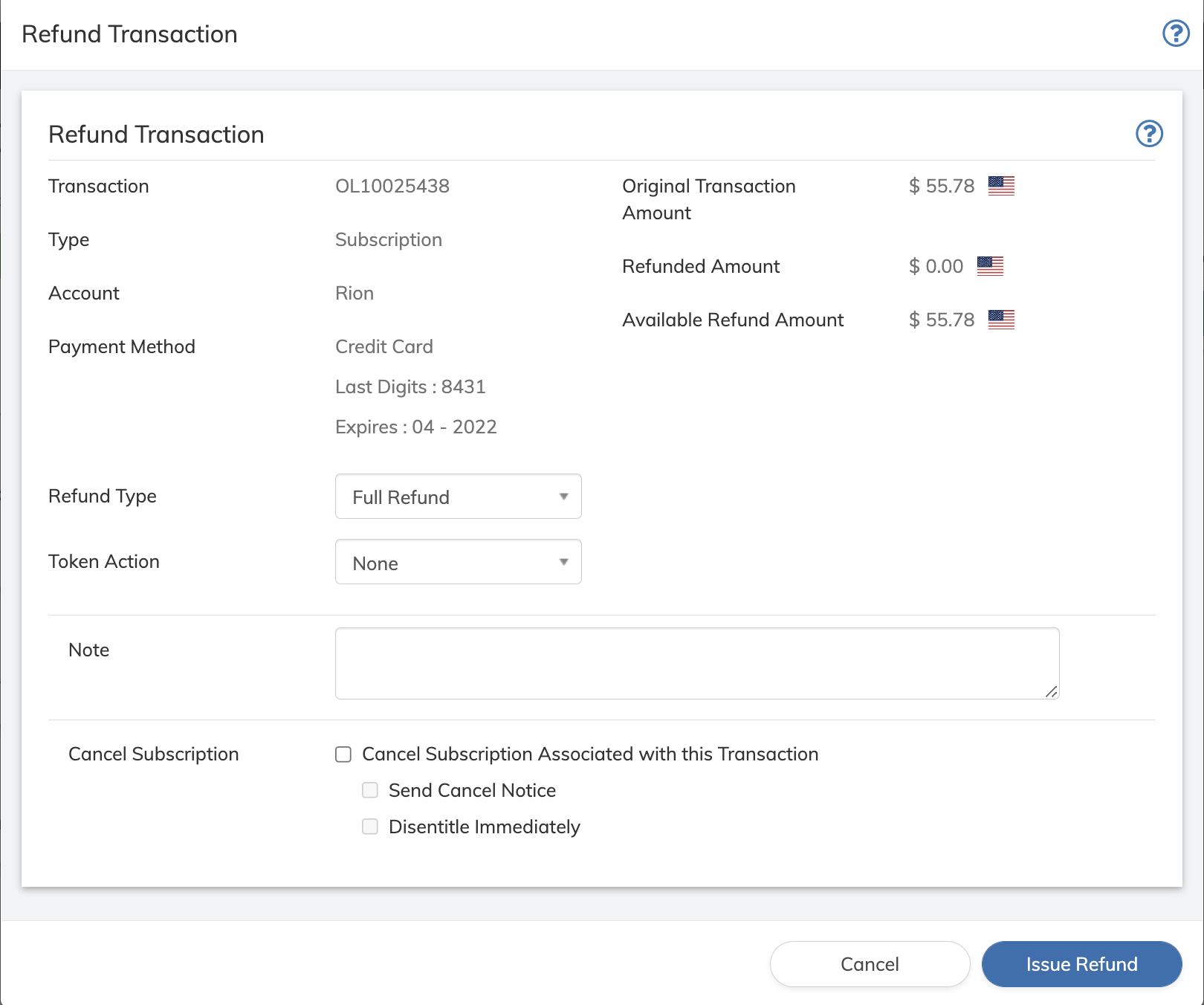 Subscribe Refund Transaction Dialog Box