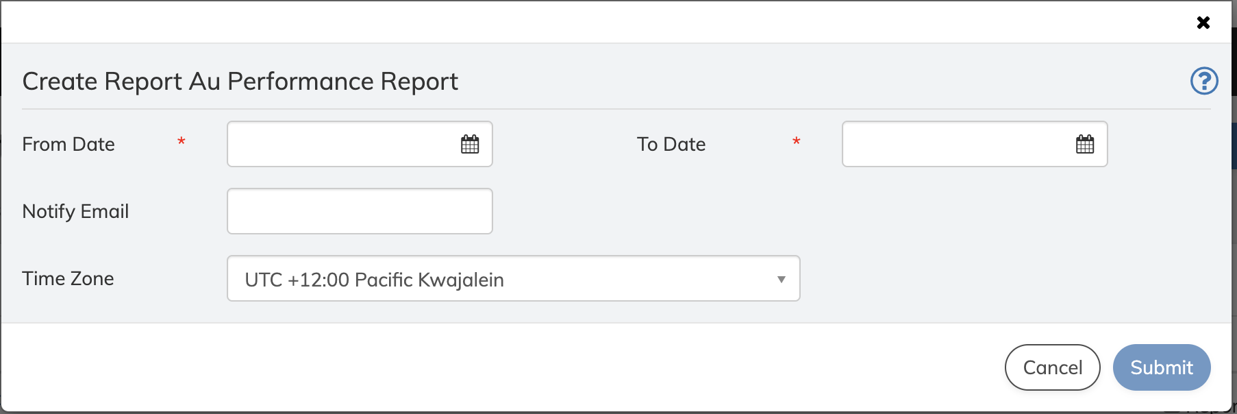 Reports 2.0- Create AU Performance Report screen