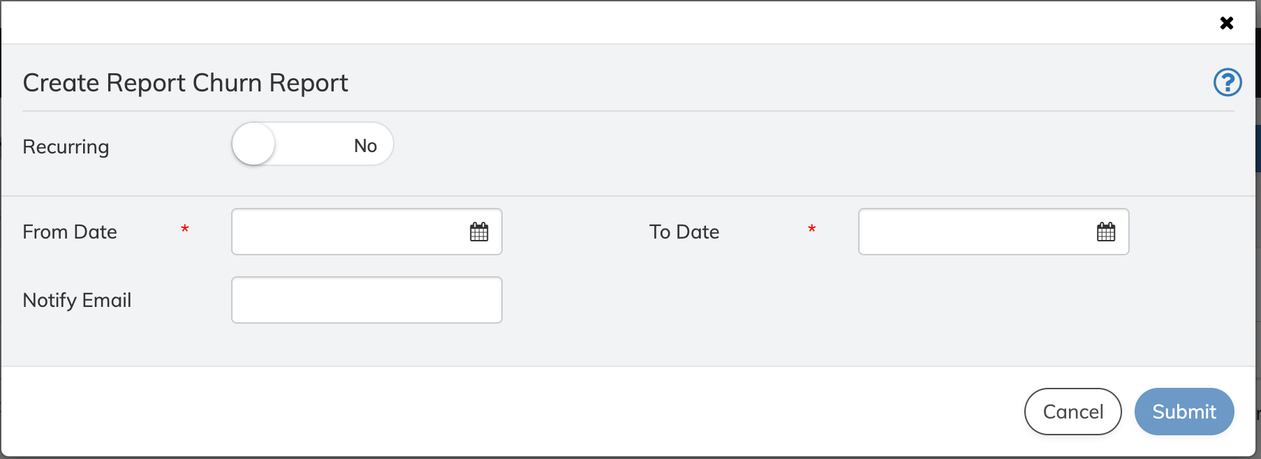 Reports 2.0 - Create Churn Report screen