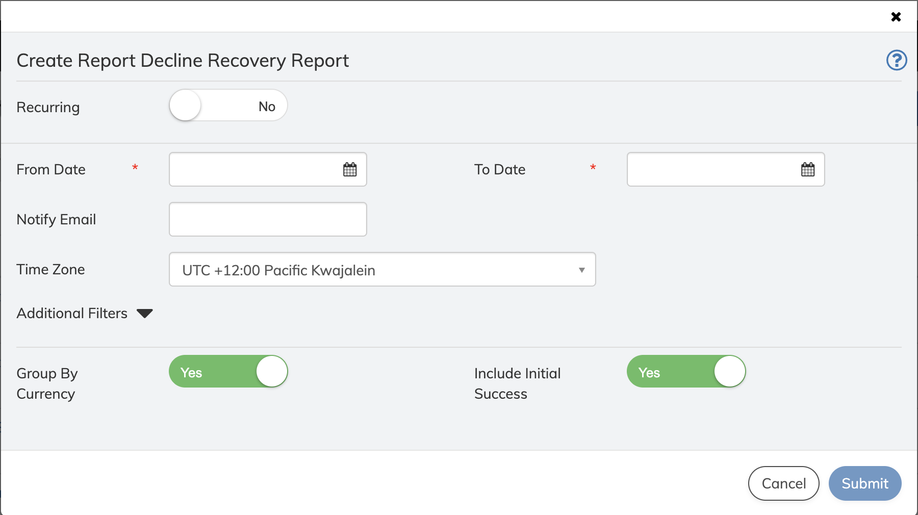 Reports 2.0- Create Decline Recovery Report Screen