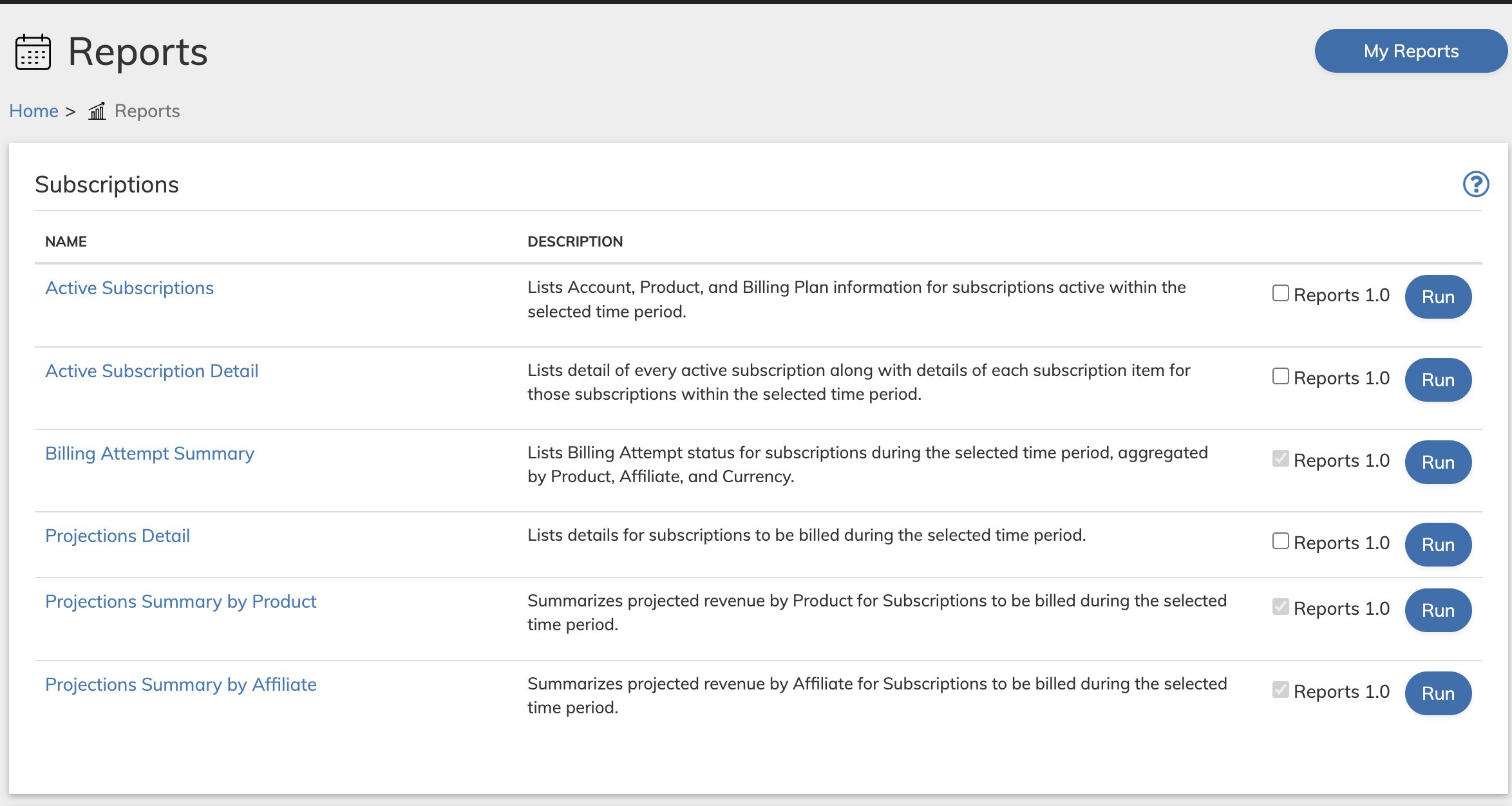 Subscribe Reports allow selection of Reports 1.0 Generation
