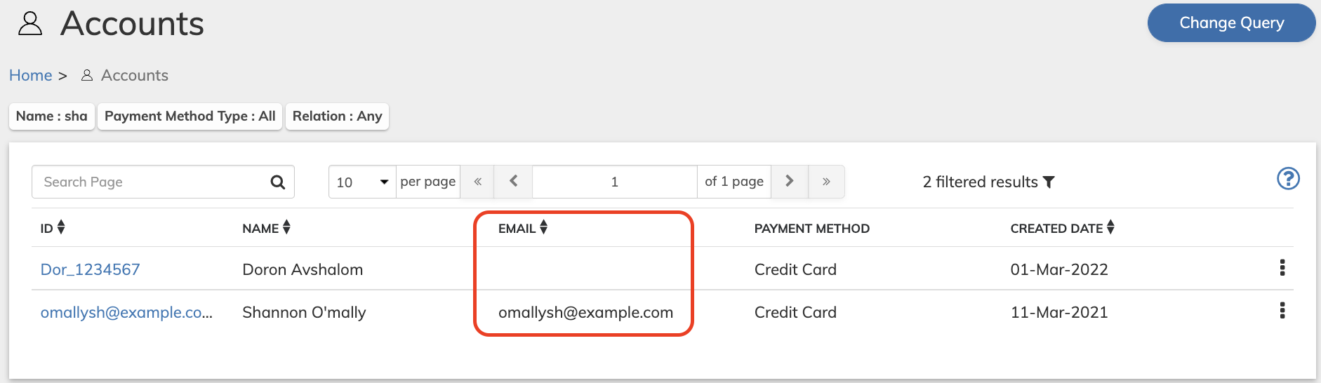 Account email column, appears as part of search results