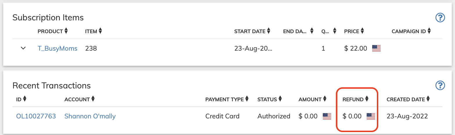 Refund column appearing in Recent Transactions pane, part of the Subscription Page