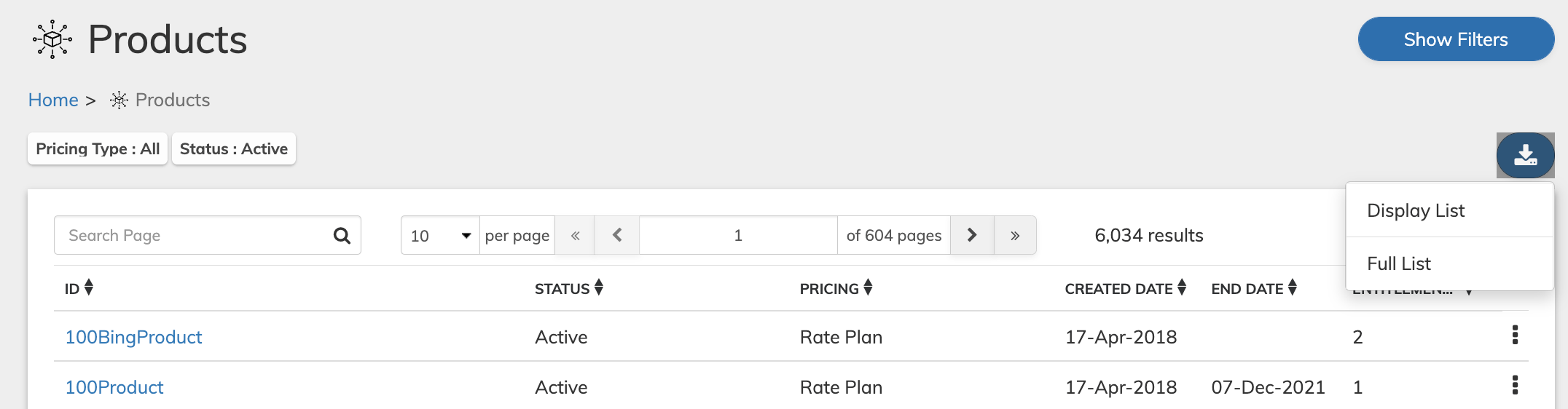 Download and save the Product result list