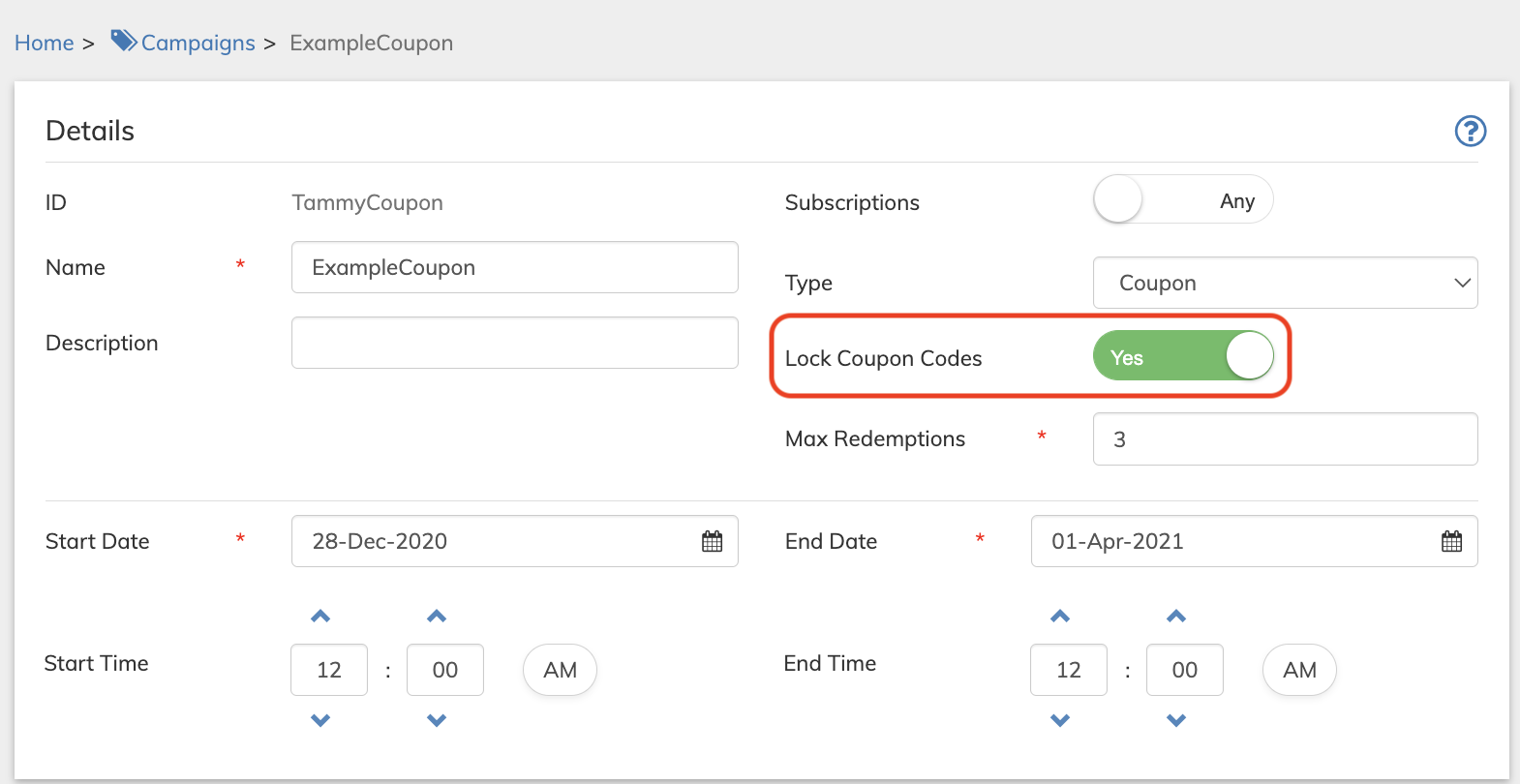 Campaign Codes toggle renamed "Lock Coupon Codes"