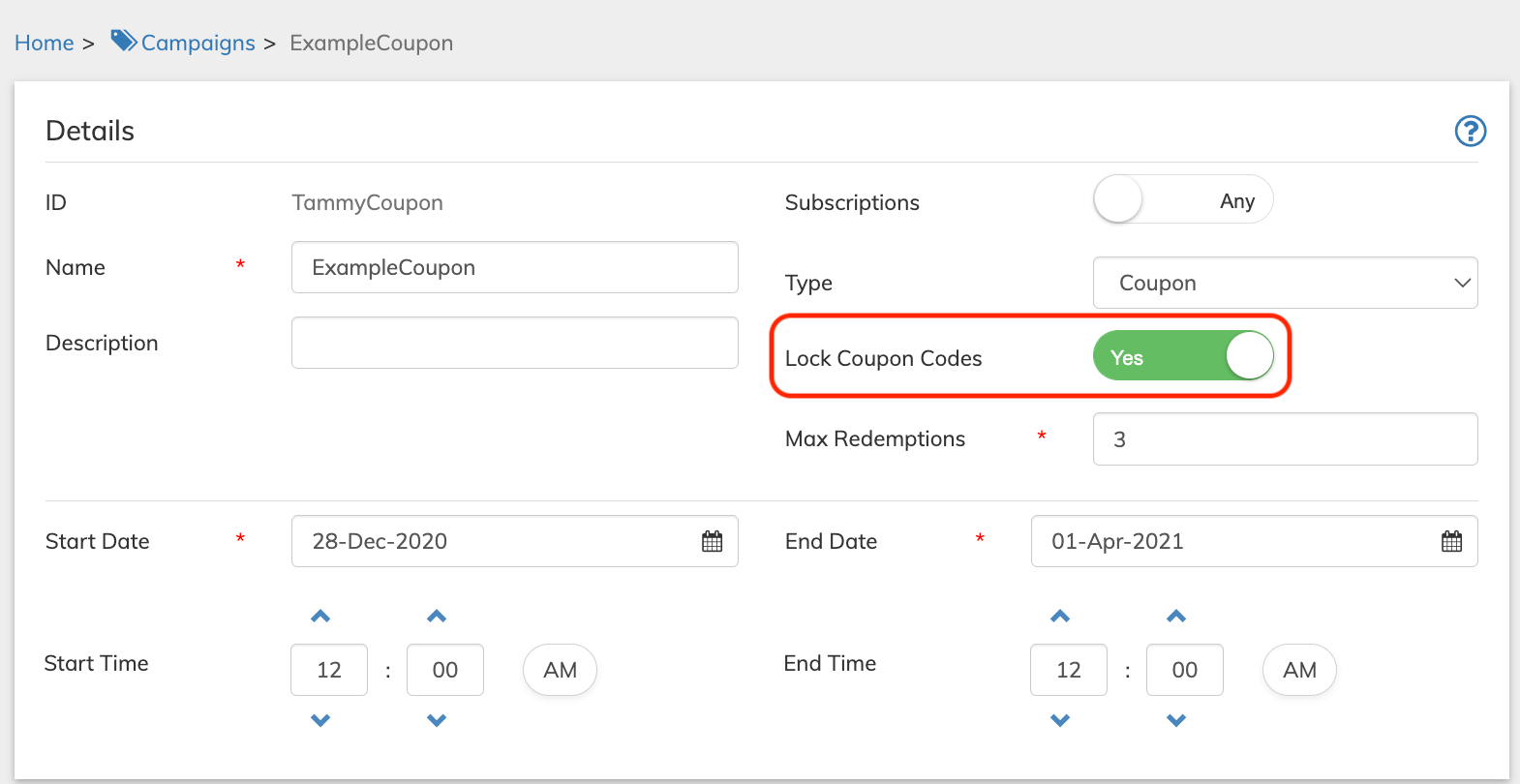 Campaign Codes toggle renamed "Lock Coupon Codes"