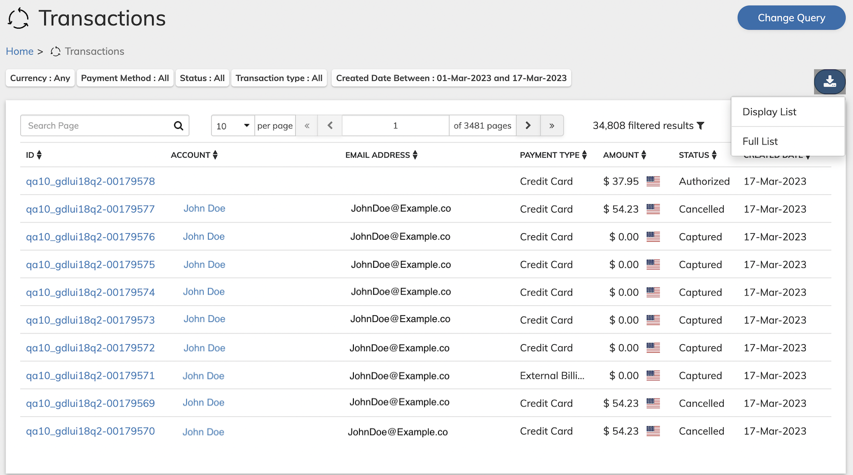 The new Download search results button on the Transaction list page