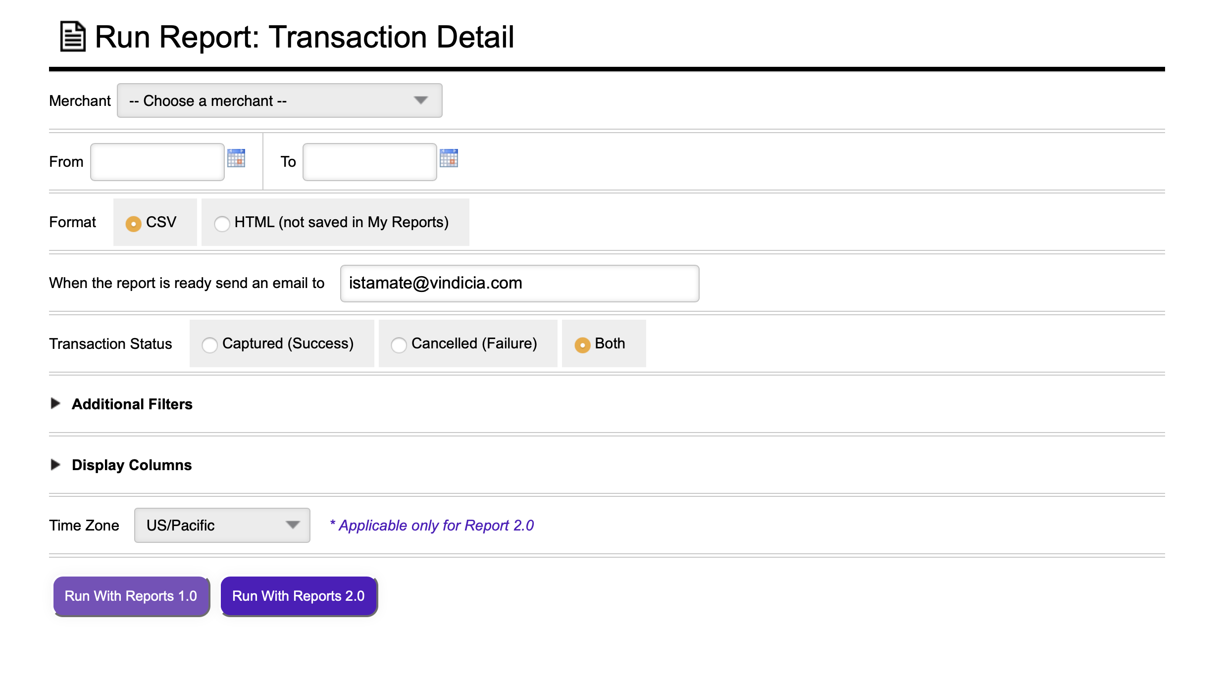 Transaction Detail Report - RunScreen