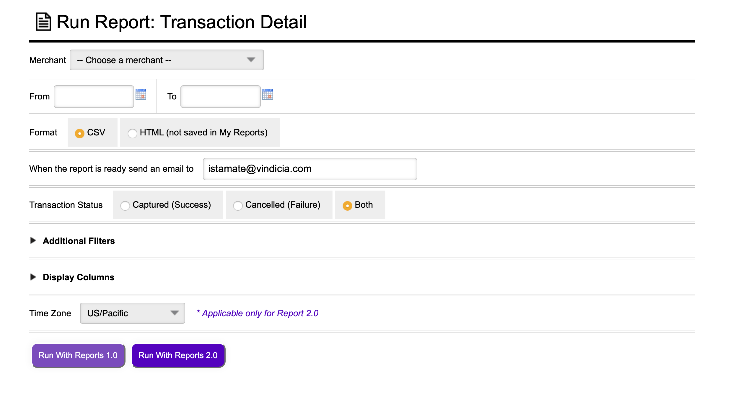 Transaction Detail Report - RunScreen