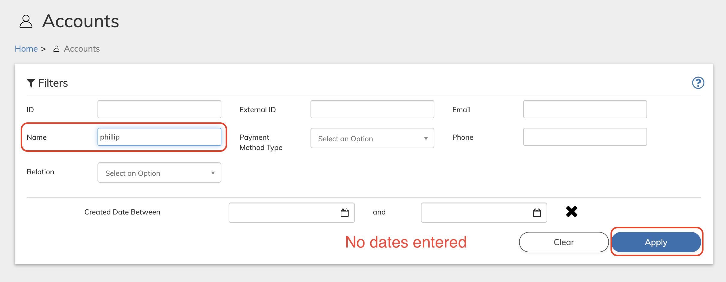 Search Account page by name only