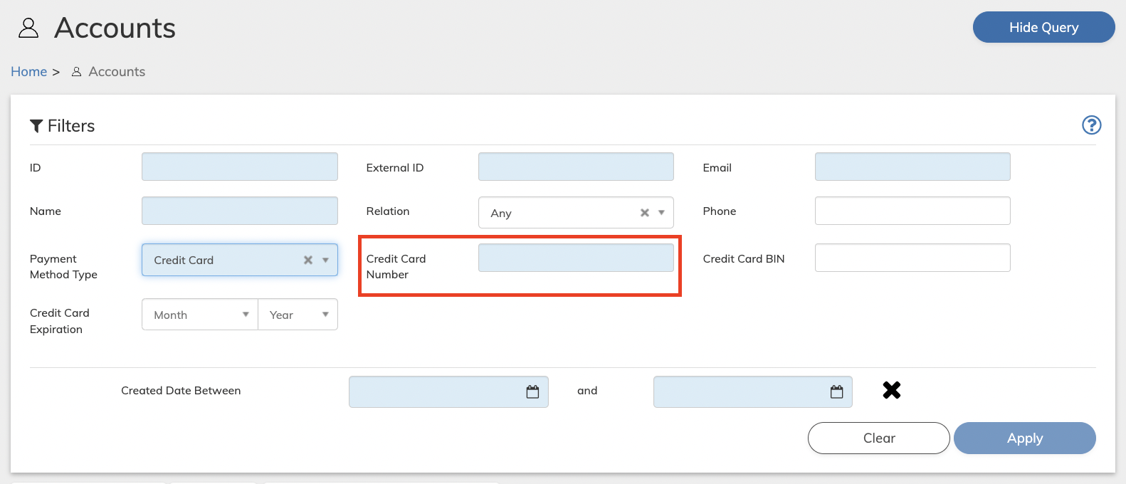 Accounts Credit Card Number search field