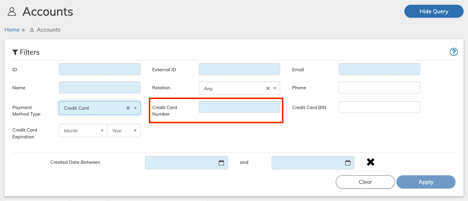 Accounts Credit Card Number search field