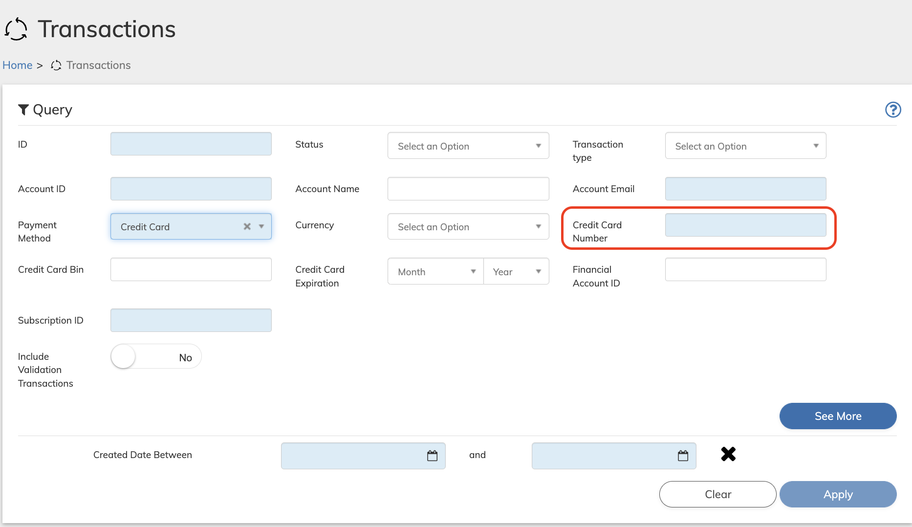 Credit Card Number search field in the Transaction Filter