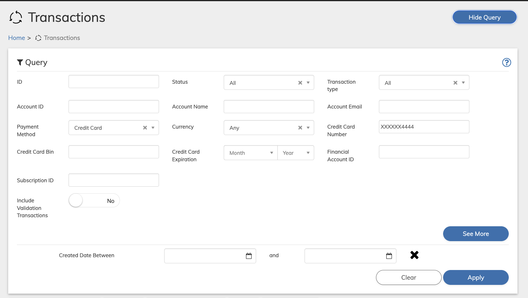 Search Transaction by last four digits of credit card