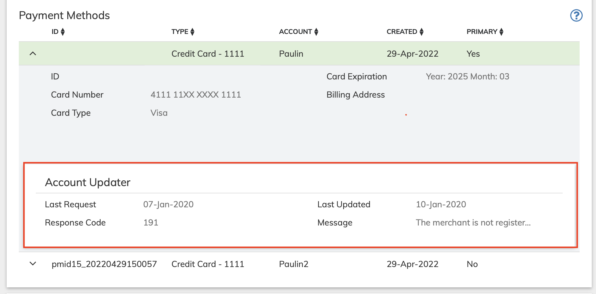 Account Updater section of the Accounts page Payment Methods pane for a credit card
