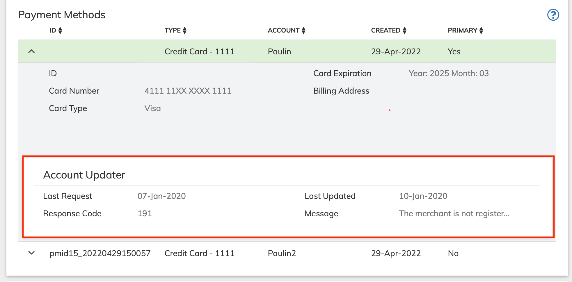 Account Updater section of the Accounts page Payment Methods pane for a credit card