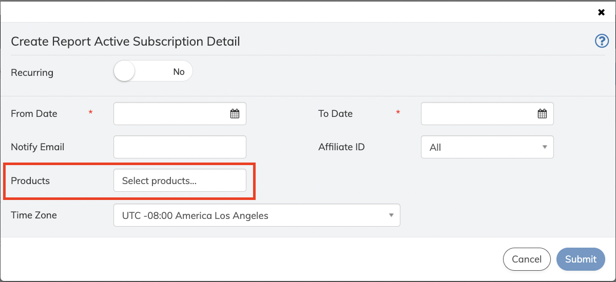 Products field on the Create Report Active Subscription Detail pop-up screen