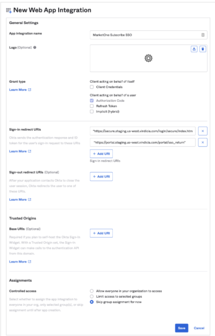 OKTA's New Web App Integration screen