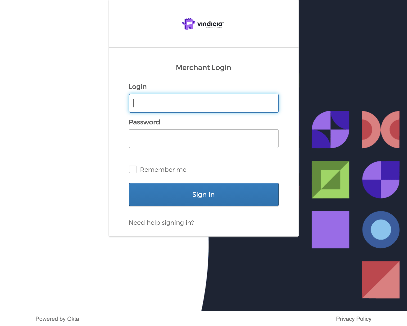 Okta's sign in page customized for Vindicia